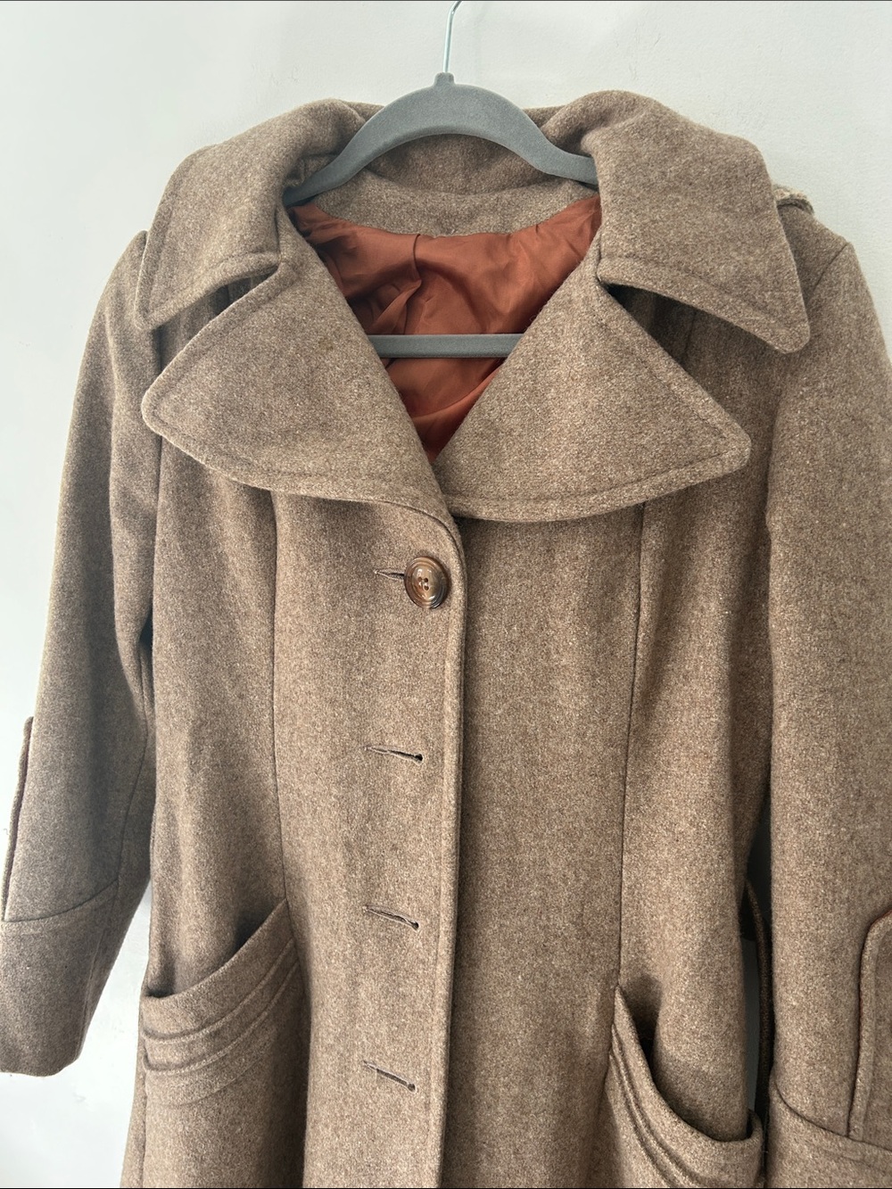 Vintage Wool Trench Coat Long Fit & Flare Belted Button Detail & Detachable Hood - Picture 11 of 16